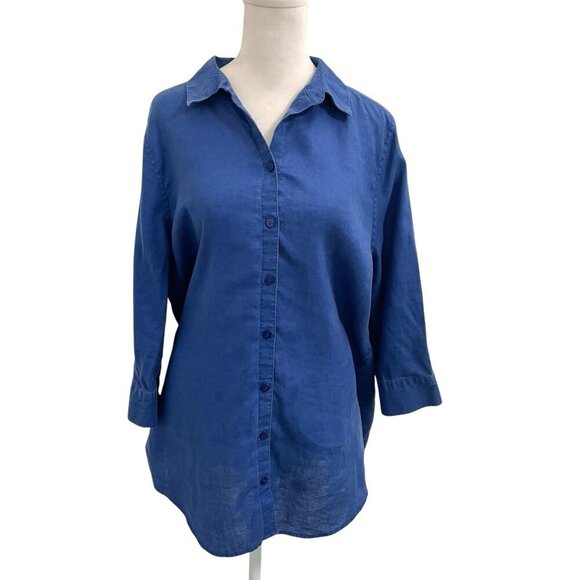 Chico's 100% Linen No Iron Button Front Shirt Top 3/4 Sleeve Blue size Medium - Picture 1 of 6